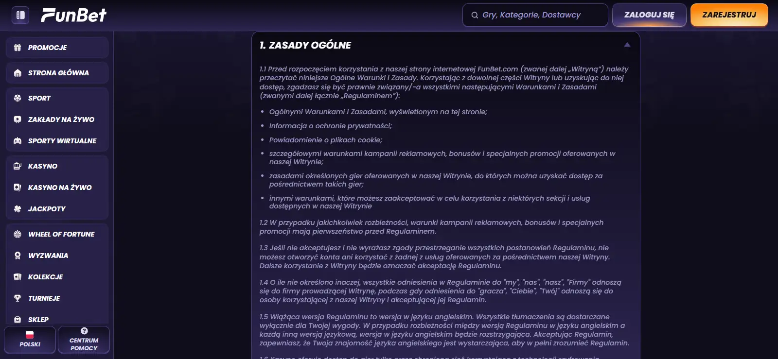 Aktualny fragment regulaminu FunBet dotyczący wypłat i limitów