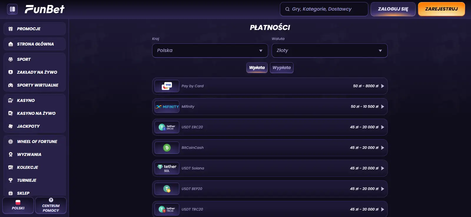 Aktualna strona płatności FunBet z listą metod wpłaty i wypłaty