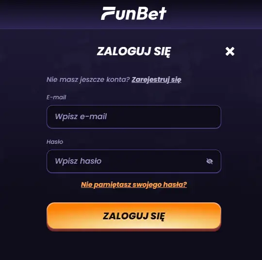 Aktualny polski ekran logowania FunBet z przejściem do rejestracji