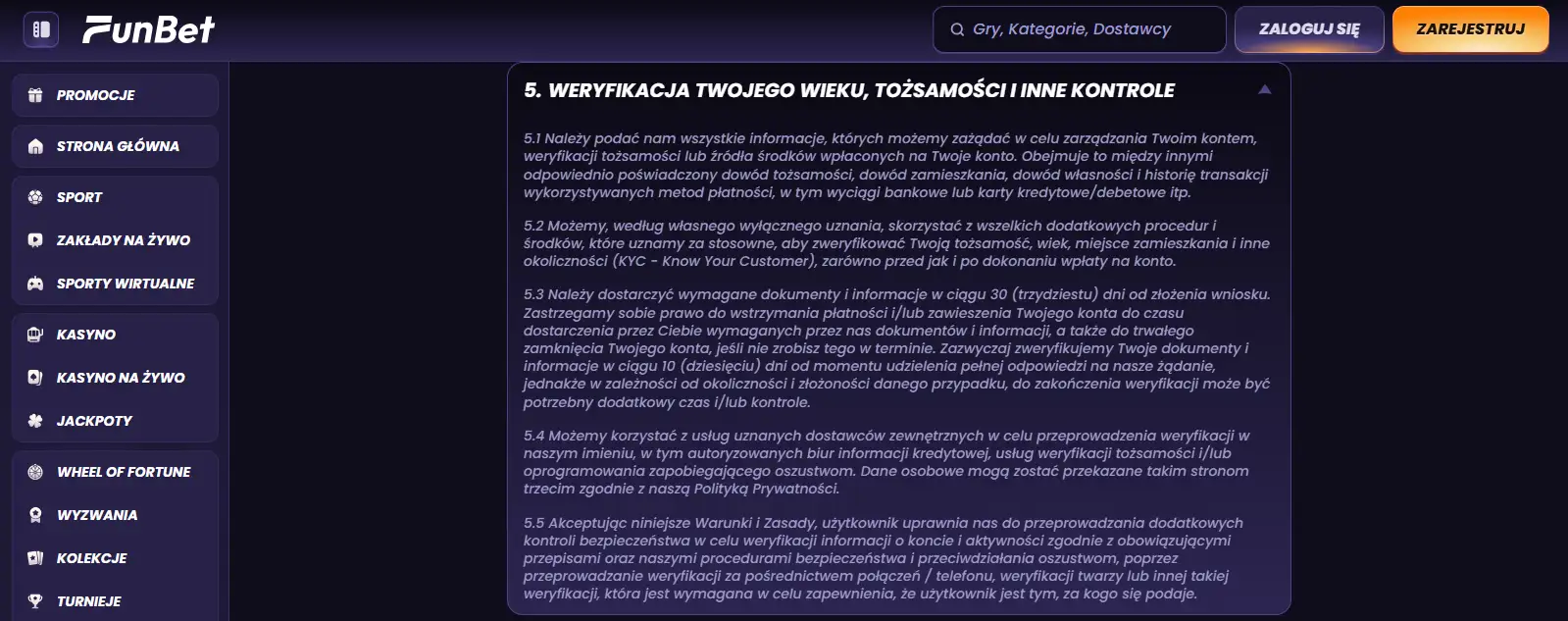 Fragment aktualnego regulaminu FunBet dotyczący KYC i weryfikacji konta