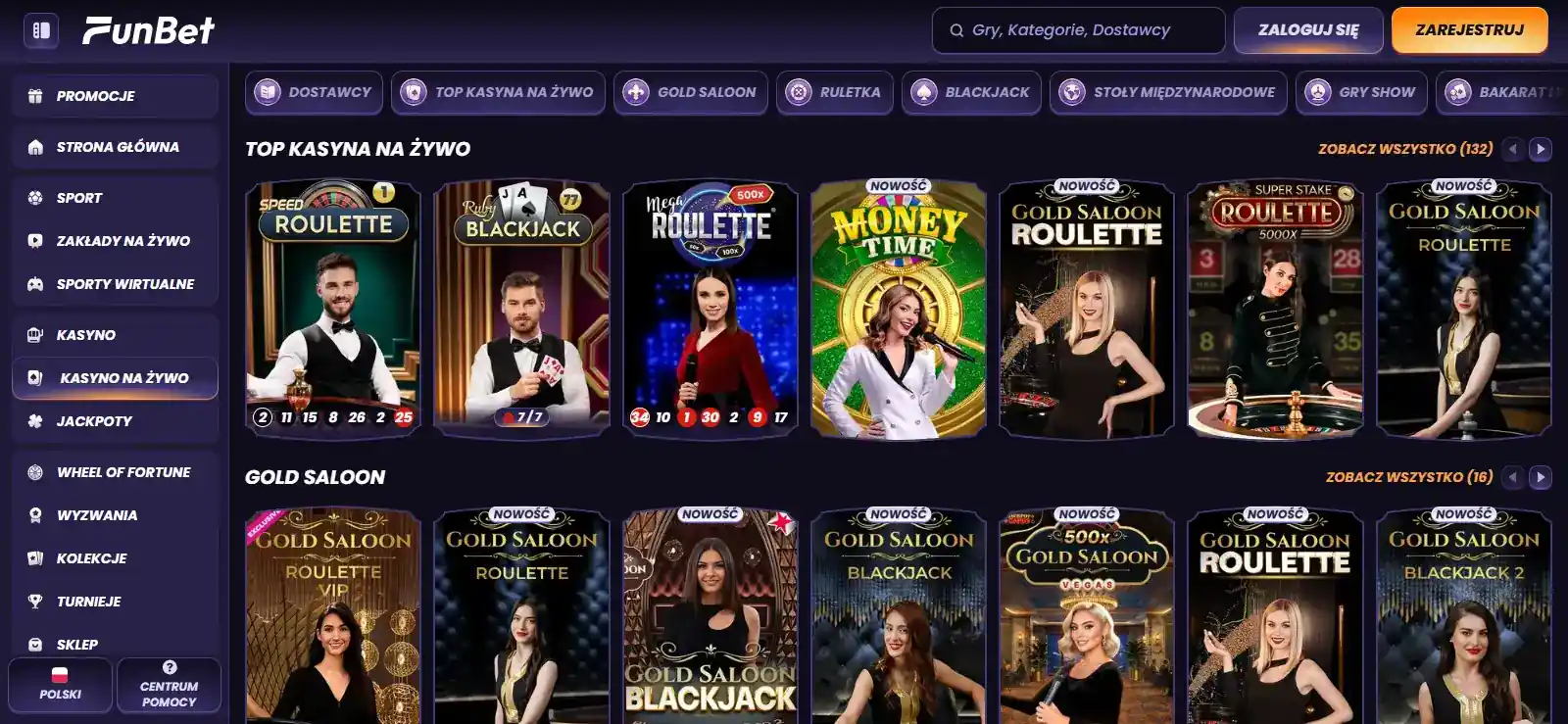 Aktualna polska sekcja kasyno na żywo FunBet z kategoriami stołów