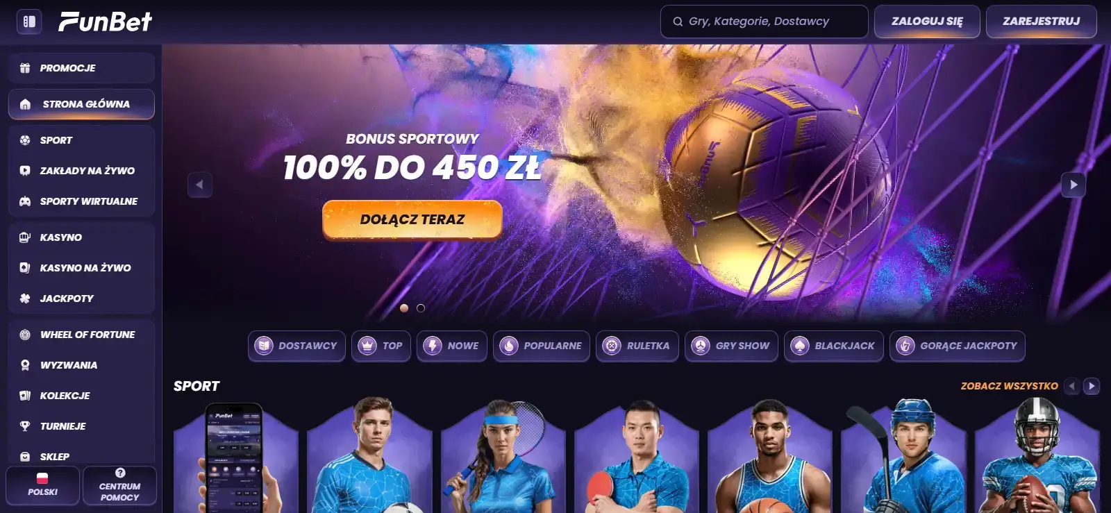 Polska wersja strony FunBet z kategoriami kasyna
